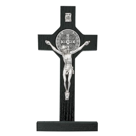BLACK WOOD ST. BENEDICT CRUCIFIX ON STAND