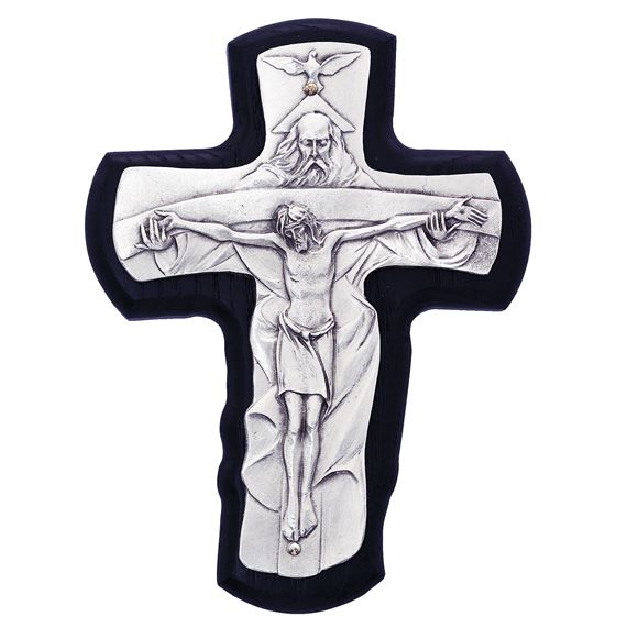 TRINITY CRUCIFIX ON BLACK STAINED WOOD PLAQUE