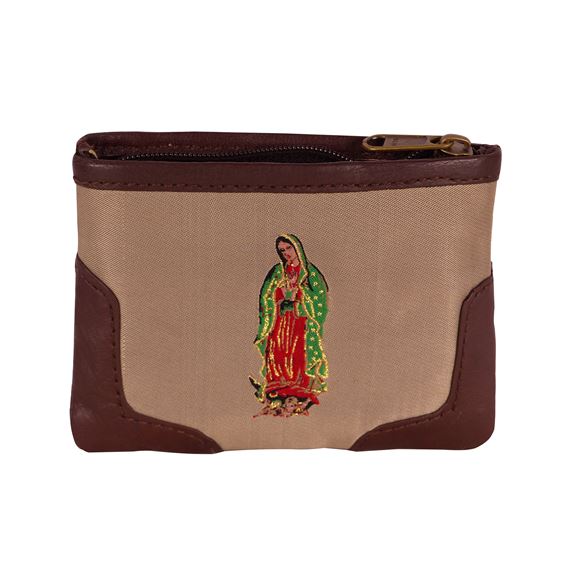 OUR LADY OF GUADALUPE LEATHER TRIMMED TAPESTRY ROSARY POUCH