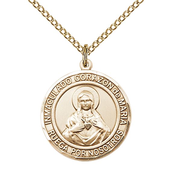 14KT GOLD FILLED CORAZON INMACULADO DE MARIA PENDANT WITH CHAIN - 3/4" x 5/8"