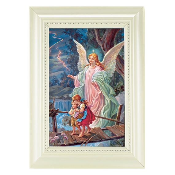 GUARDIAN ANGEL ON BRIDGE - WHITE PEARL FRAME - 5 ½” x 7”