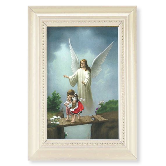 GUARDIAN ANGEL ON BRIDGE -  WHITE PEARL FRAME - 5½” x 7”