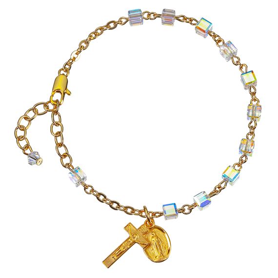 Cube Crystal Rosary Bracelet - with Gold-plated Miraculous Medal and Crucifix