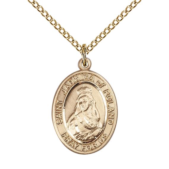 14KT GOLD FILLED ST JADWIGA OF POLAND PENDANT WITH CHAIN - 3/4" x 1/2"