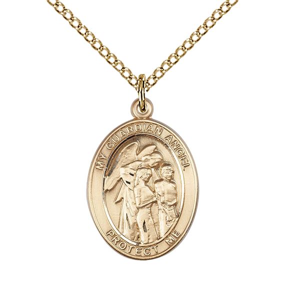 14KT GOLD FILLED GUARDIAN ANGEL W-CHILDREN PENDANT WITH CHAIN - 3/4" x 1/2"