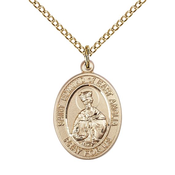 14KT GOLD FILLED ST EDMUND OF EAST ANGLIA PENDANT WITH CHAIN - 3/4" x 1/2"