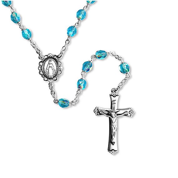 STERLING SILVER BIRTHSTONE ROSARY - AQUA (MARCH)
