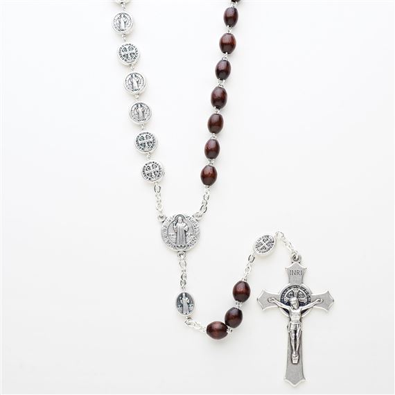 ST. BENEDICT WOOD BEAD AND MEDALS ROSARY