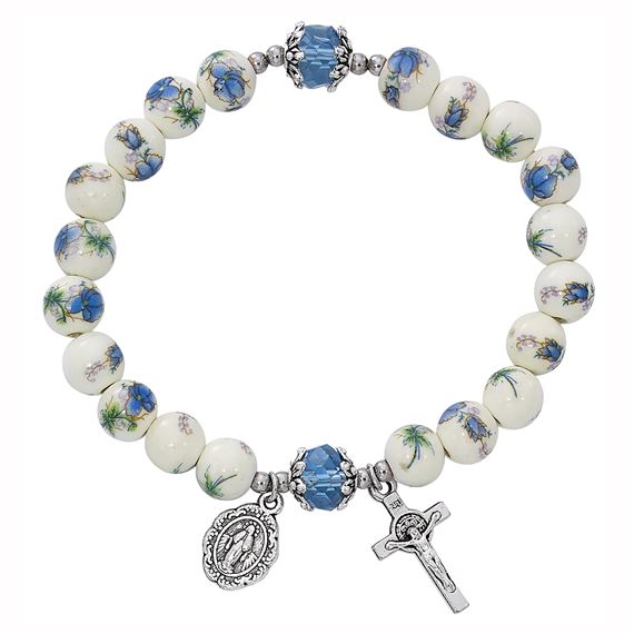 BLUE CERAMIC  ROSARY BRACELET - MIRACULOUS MEDAL & BENEDICTINE CRUCIFIX