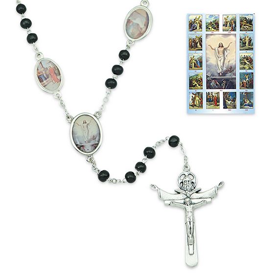 WAY OF THE CROSS CHAPLET WITH TRINITY CRUCIFIX - BLACK WOOD BEADS