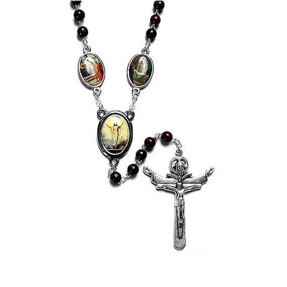 WAY OF THE CROSS CHAPLET WITH TRINITY CRUCIFIX - BROWN WOOD BEADS