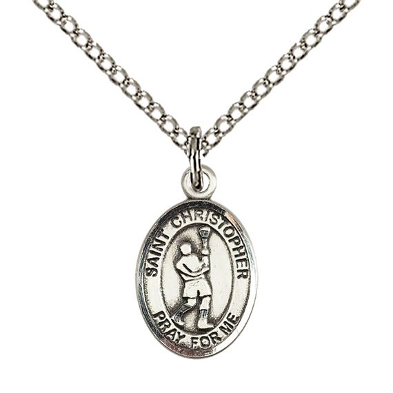 STERLING SILVER ST CHRISTOPHER-LACROSSE PENDANT WITH CHAIN - 1/2" x 1/4"