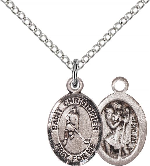 STERLING SILVER ST CHRISTOPHER-ICE HOCKEY PENDANT WITH CHAIN - 1/2" x 1/4"