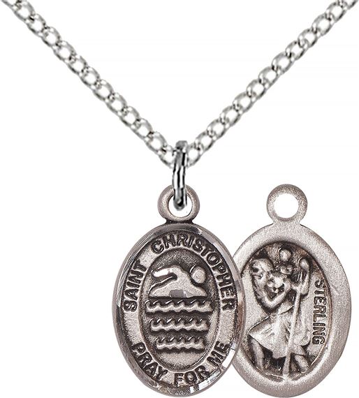 STERLING SILVER ST CHRISTOPHER-SWIMMING PENDANT WITH CHAIN - 1/2" x 1/4"