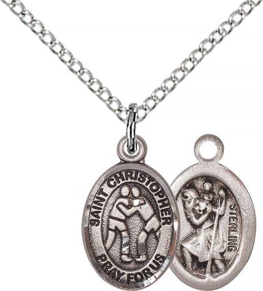 STERLING SILVER ST CHRISTOPHER-WRESTLING PENDANT WITH CHAIN - 1/2" x 1/4"