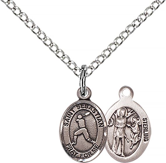 STERLING SILVER ST SEBASTIAN-BASEBALL PENDANT WITH CHAIN - 1/2" x 1/4"