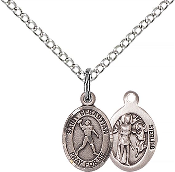 STERLING SILVER ST SEBASTIAN-FOOTBALL PENDANT WITH CHAIN - 1/2" x 1/4"
