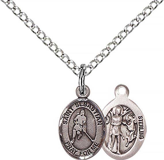 STERLING SILVER ST SEBASTIAN-ICE HOCKEY PENDANT WITH CHAIN - 1/2" x 1/4"