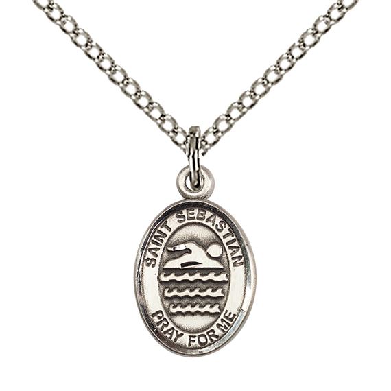 STERLING SILVER ST SEBASTIAN-SWIMMING PENDANT WITH CHAIN - 1/2" x 1/4"