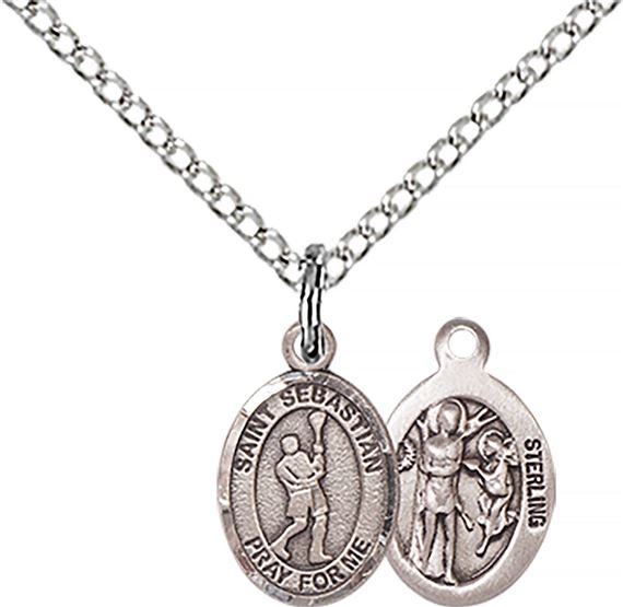 STERLING SILVER ST SEBASTIAN-LACROSSE PENDANT WITH CHAIN - 1/2" x 1/4"