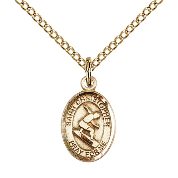 14KT GOLD FILLED ST CHRISTOPHER-SURFING PENDANT WITH CHAIN - 1/2" x 1/4"