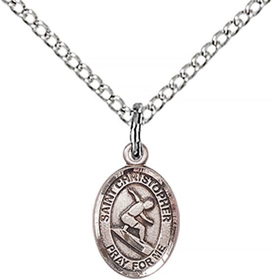 STERLING SILVER ST CHRISTOPHER-SURFING PENDANT WITH CHAIN - 1/2" x 1/4"