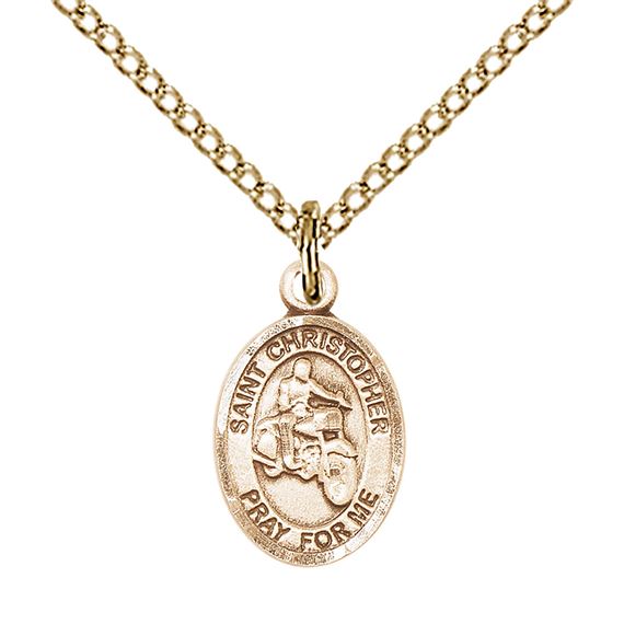 14KT GOLD FILLED ST CHRISTOPHER-MOTORCYCLE PENDANT WITH CHAIN - 1/2" x 1/4"