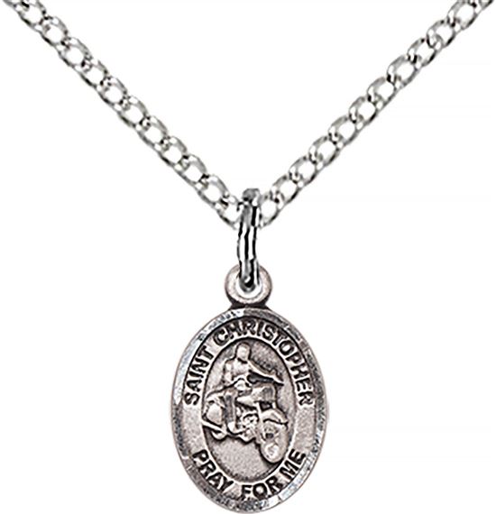 STERLING SILVER ST CHRISTOPHER-MOTORCYCLE PENDANT WITH CHAIN - 1/2" x 1/4"