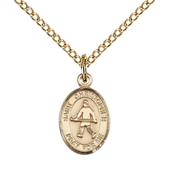 14KT GOLD FILLED ST CHRISTOPHER-FIELD HOCKEY PENDANT WITH CHAIN - 1/2" x 1/4"