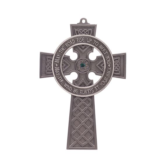 PEWTER CELTIC CROSS WITH GREEN CRYSTAL