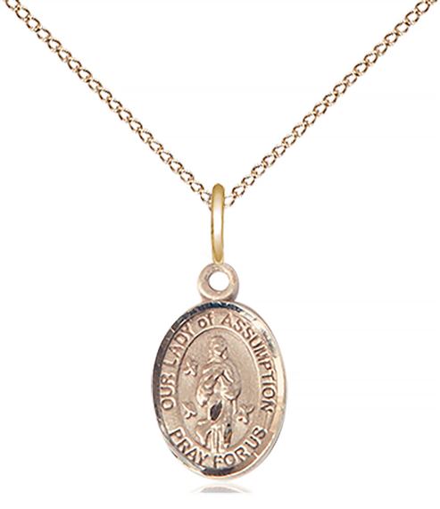 14KT GOLD FILLED OUR LADY OF ASSUMPTION PENDANT WITH CHAIN - ½" x ¼"