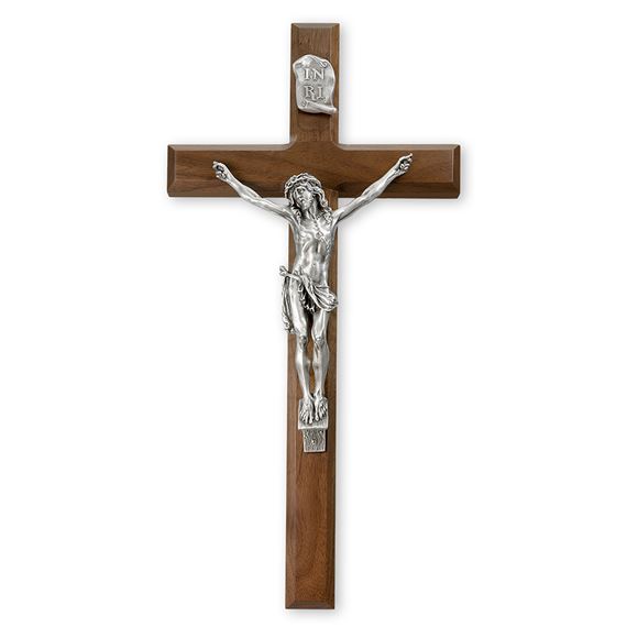 WALNUT CRUCIFIX WITH GENUINE ANTIQUED PEWTER CORPUS - 15"