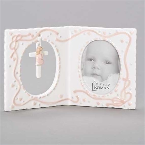 PORCELAIN BABY FRAME WITH PRAYING GIRL CROSS