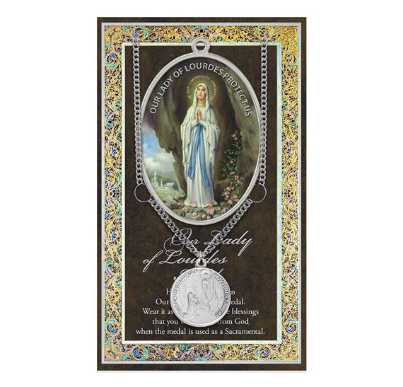 OUR LADY OF LOURDES PEWTER MEDAL ON 18" CHAIN - WITH PAMPHLET
