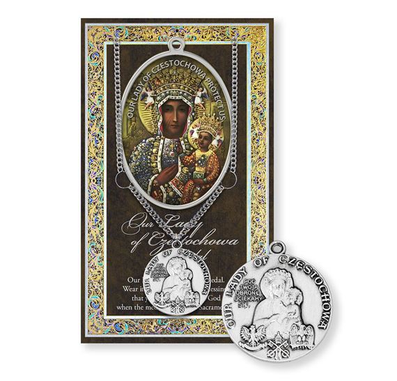 OUR LADY OF CZESTOCHOWA ENGRAVED PEWTER MEDAL ON 18" CHAIN - WITH PAMPHLET
