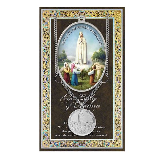 OUR LADY OF FATIMA ENGRAVED PEWTER MEDAL ON 18" CHAIN - WITH PAMPHLET