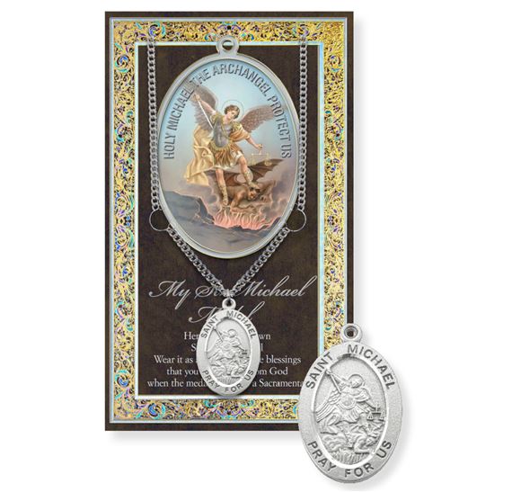 ST. MICHAEL HAND ENGRAVED PEWTER MEDAL ON 24” CHAIN – WITH PAMPHLET