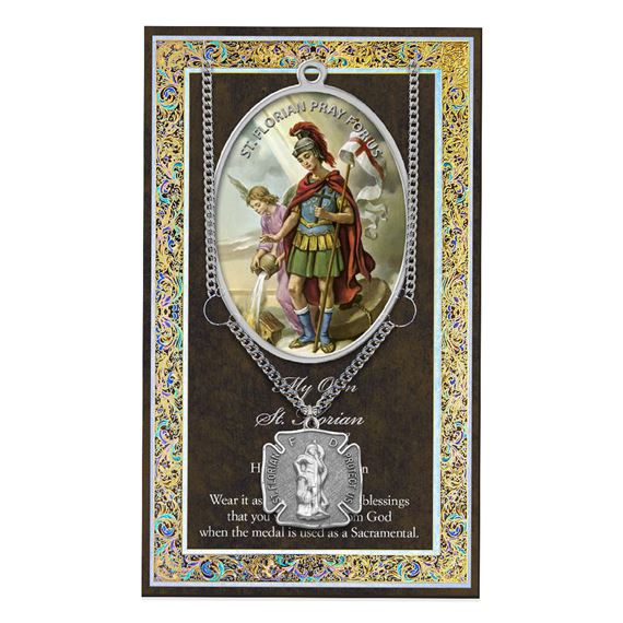 ST. FLORIAN PATRON SAINT PEWTER MEDAL WITH PAMPHLET