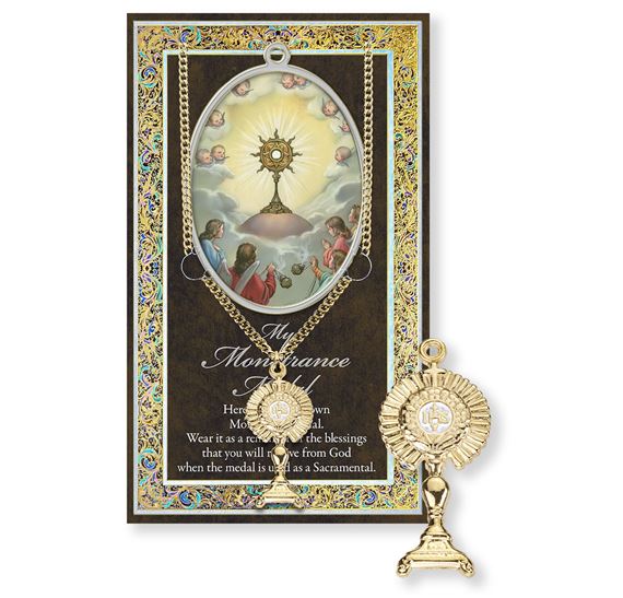 GOLD PLATED MONSTRANCE HAND ENGRAVED PEWTER MEDAL ON 24” CHAIN – WITH PAMPHLET