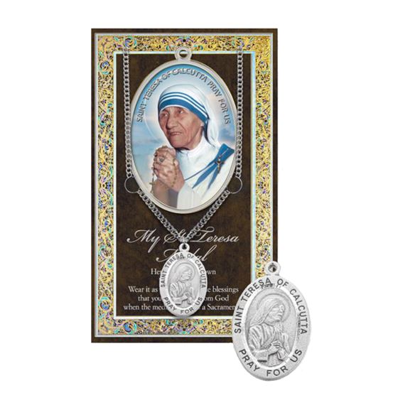 ST. TERESA OF CALCUTTA HAND ENGRAVED PEWTER MEDAL ON 18” CHAIN – WITH PAMPHLET
