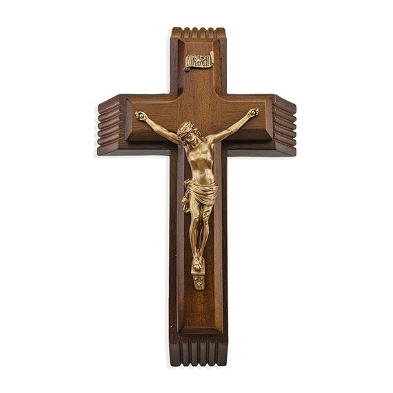 WALNUT ADORATION CRUCIFIX WITH GENUINE PEWTER CORPUS - 10"