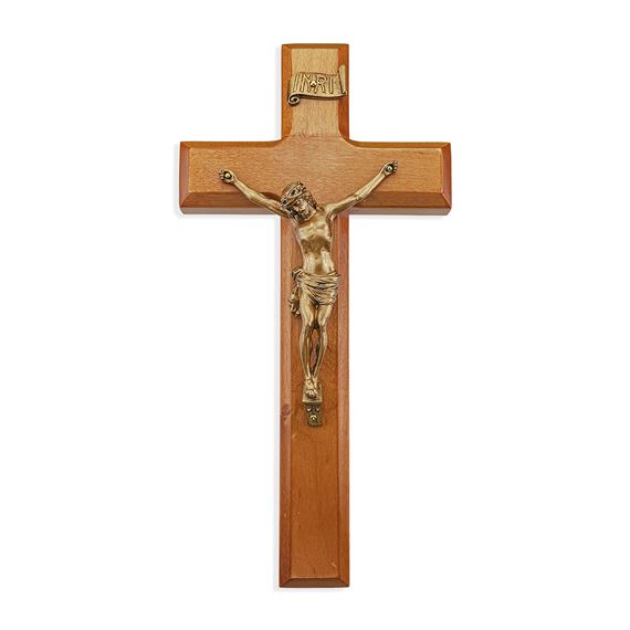 CHERRY WOOD CRUCIFIX WITH  ANTIQUED BRONZE PEWTER CORPUS - 10"