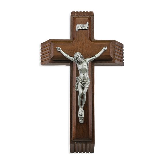 WALNUT MINI ADORATION CRUCIFIX WITH PEWTER CORPUS- 10"