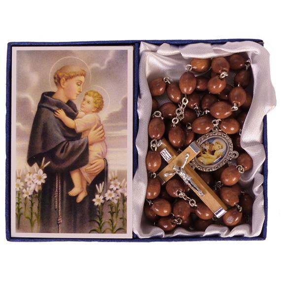 ST. ANTHONY -  BROWN WOOD BEAD ROSARY