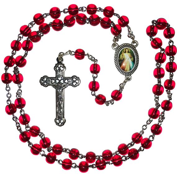 DIVINE MERCY -  RED GLASS BEAD ROSARY