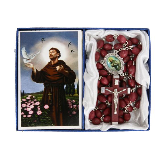 ST. FRANCIS -  BROWN WOOD BEAD ROSARY