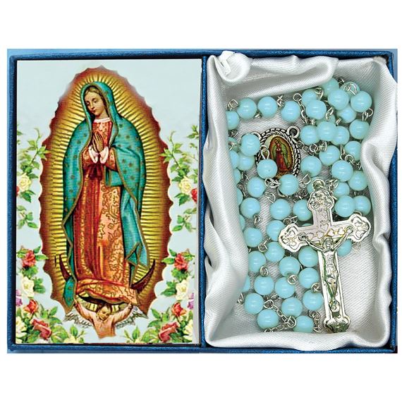 OUR LADY OF GUADALUPE-TURQUOISE GLASS BEAD ROSARY