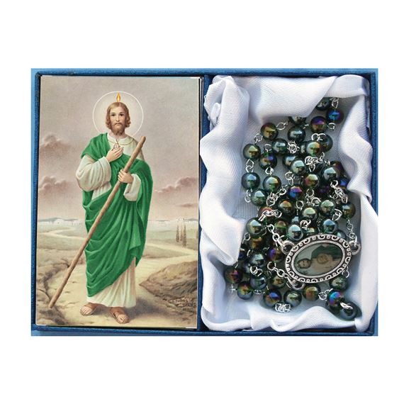 ST. JUDE -  GREEN GLASS BEAD ROSARY