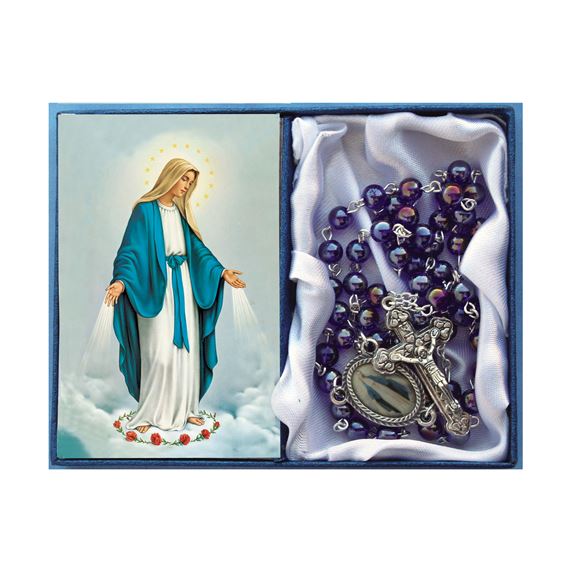 OUR LADY OF GRACE - BLUE GLASS BEAD ROSARY