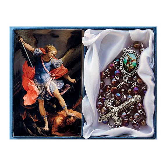 ST. MICHAEL -  RED GLASS BEAD ROSARY